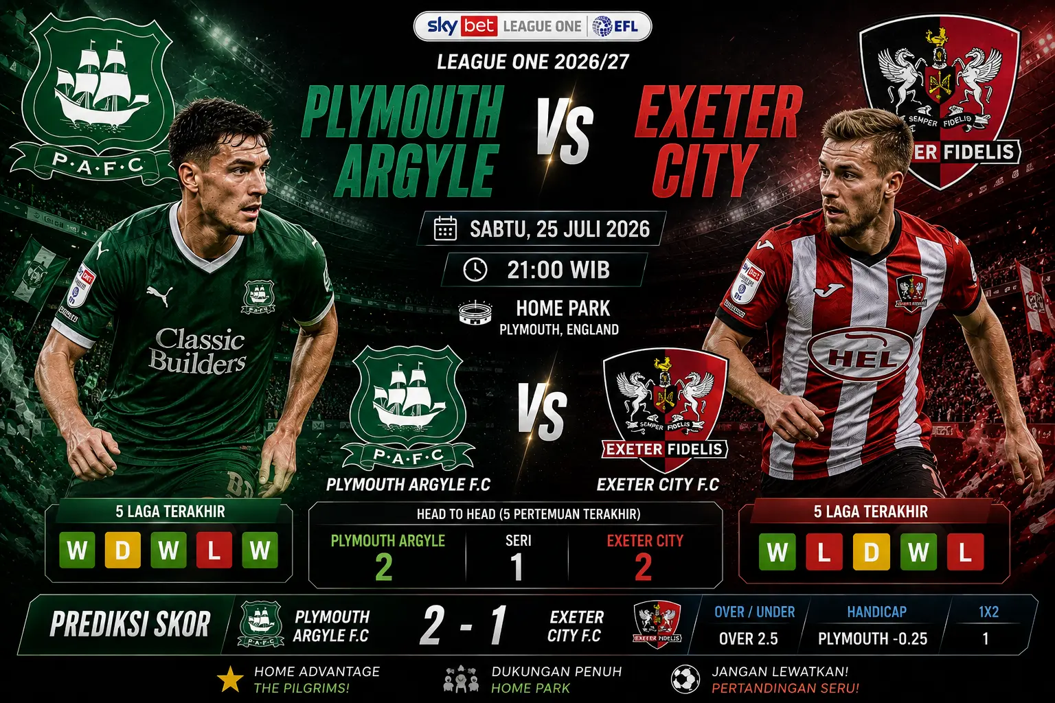 Prediksi Plymouth Argyle vs Exeter City 2026, Duel Sengit Perebutan Tiga Poin