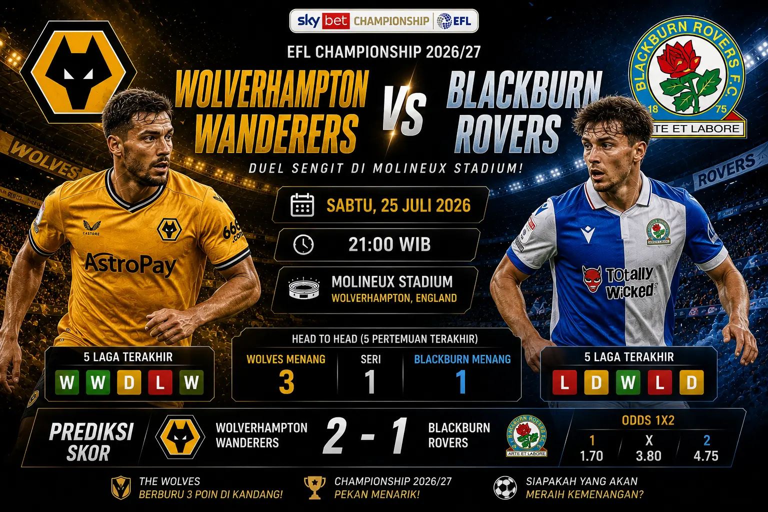 Prediksi Wolverhampton Wanderers vs Blackburn Rovers 2026, Duel Sengit Perebutan Tiga Poin